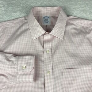 Brooks Brothers Dress Shirt Mens 16.5-33 Pink Checks Regular Fit No Iron Stretch